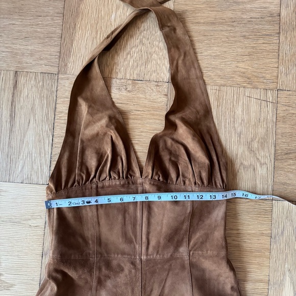 Marianne Vanderwilt Leather Suede Jumpsuit Brown Tan Halter Pants Fringe Wrap - Picture 10 of 15